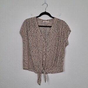 Mi Ami Leopard Crop Blouse Sz M Tie Front Boxy Animal Print Boho Safari Beach